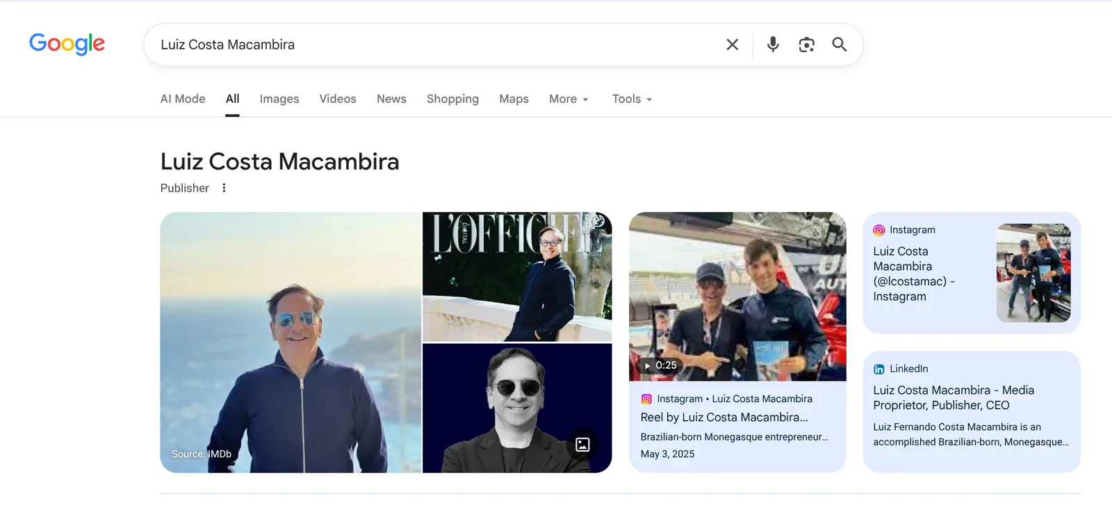Google Knowledge Panel for Luiz Costa Macambira